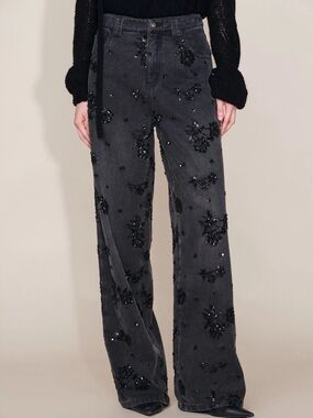 Fabrique Star Hand Beaded Rose Embellishment Straight Leg Jeans